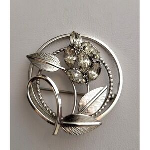 Vintage Star Art Sterling Silver Marquise Rhinestones Floral Circle Brooch Pin
